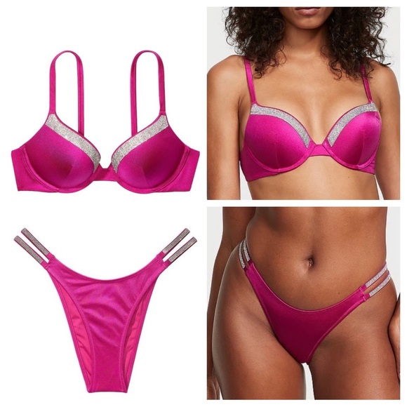 New! Set! Victoria's Secret Shine Strap Bikini Set Berry Blush Pink 45602 - Picture 1 of 16